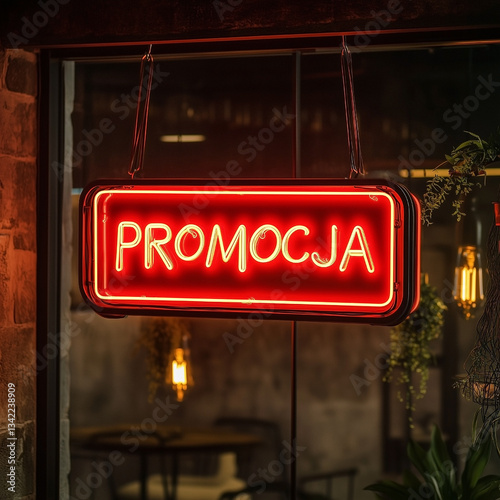 Obraz na płótnie Promocja - Czerwony neon z napisem po polsku w salonie