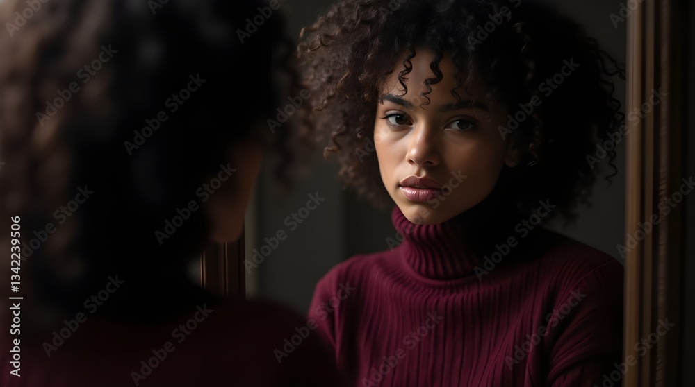 Obraz premium Close-up portrait of a beautiful young woman gazing at her reflection