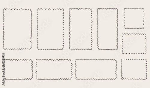 Hand drawn scalloped frame set. Chalk scribble wavy pencil texture doodle curly borders collection. Different sizes: wedding invitation, greeting card, postcard design. Vintage vector illustration