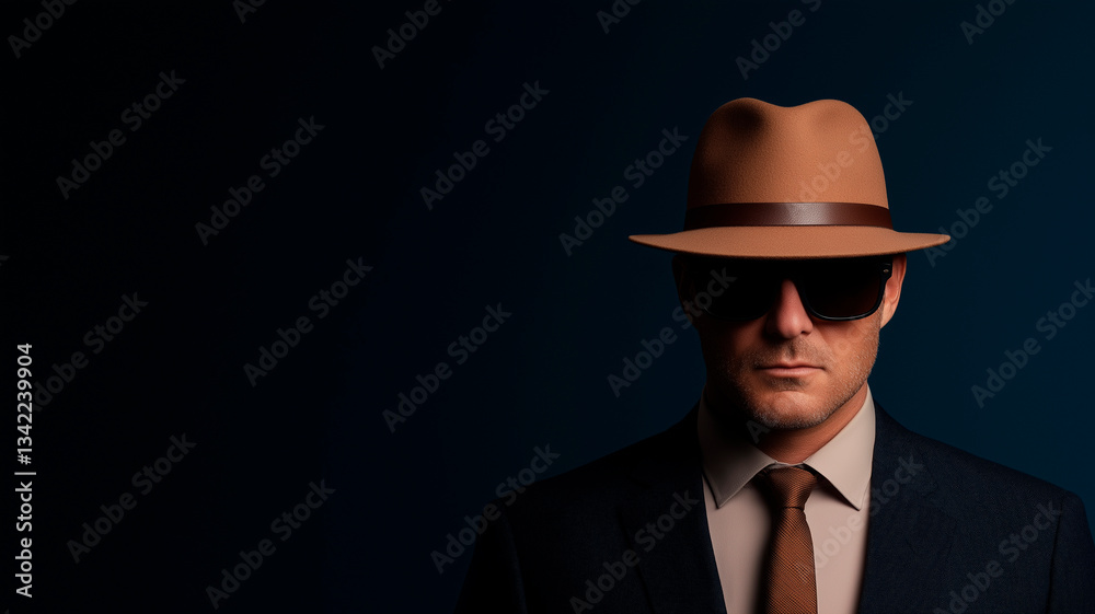 Mysterious Man in Suit, Hat, and Sunglasses Against a Dark Blue Background Mysterious Man in Suit, Hat, and Sunglasses Against a Dark Blue Background