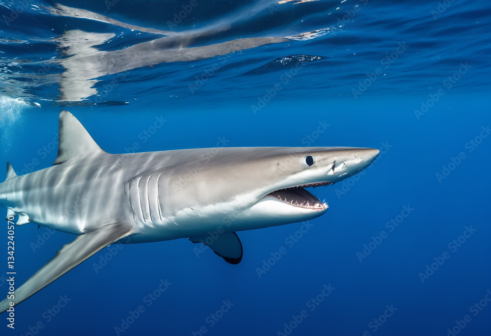 Fototapeta premium Great white shark in deep blue water.