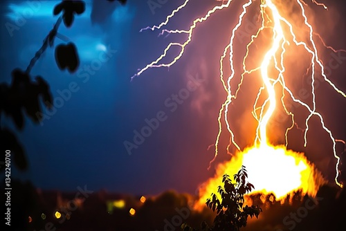 Fiery lightning bolt striking during a dramatic nighttime thunderstorm
