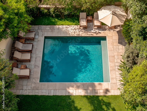 Aerial View of a Rectangular Pool with Lounge Chairs and Umbrella Surrounded by Lush Greenery