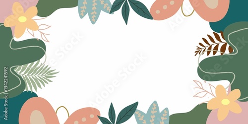 Fototapeta Naklejka Na Ścianę i Meble -  Beautiful Boho Floral Abstract with copy space illustration vector background. Cute Floral and Leaves Abstract design for Wallpaper. Flower, Blob Shape, Leaf, Luxury, Aesthetic, Vintage, Minimalist