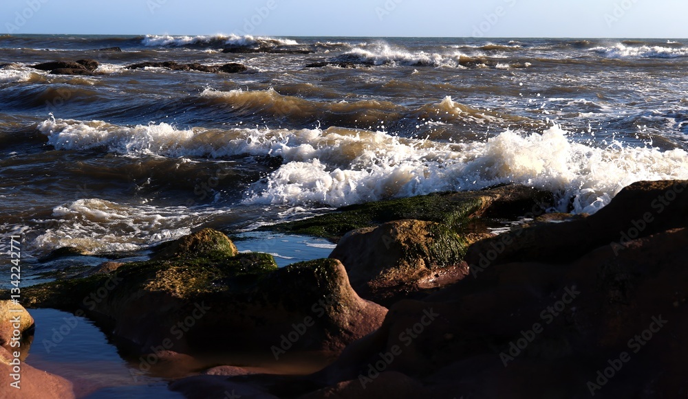 Fototapeta premium A seascape. A raging ocean. Close-up. Colorful background. Reefs in the foreground. Wallpaper. Poster. Postcard