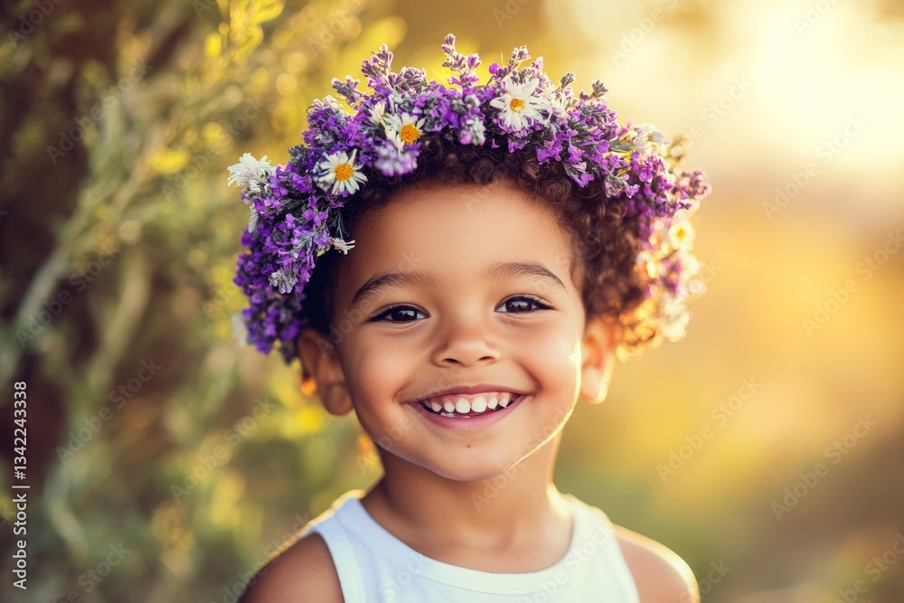 Happy summertime holidays creative. Smiling mixed-race toddler boy with tt hair wearing purple flower circlet on his head. Morning rays. Smiling boy in a sunlit meadow. Happy little traveler. Happy summertime holidays creative. Smiling mixed-race toddler boy with tt hair wearing purple flower circlet on his head. Morning rays. Smiling boy in a sunlit meadow. Happy little traveler.