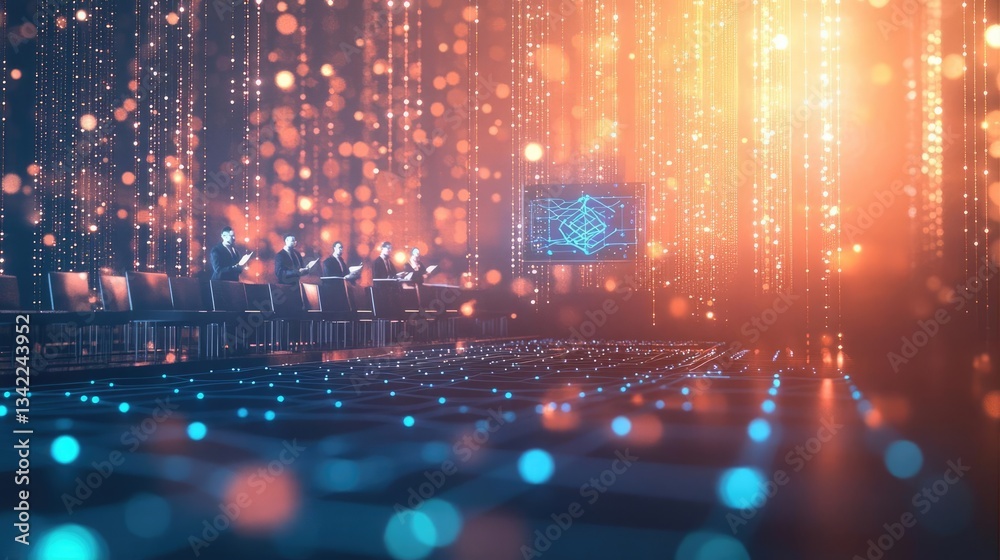Obraz premium Abstract Futuristic Digital Network Background with Glowing Orange and Blue Particles and Lines and Grids and Patterns in a Scene Visualization Design Illustration Artwork Background.Modern Creative