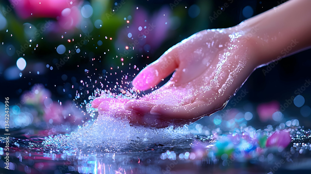 Fototapeta premium Hand Touching Glowing Stars on Wet Surface