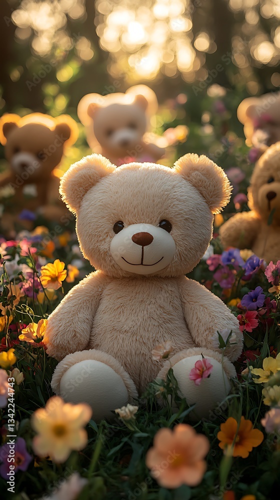 Fototapeta premium Adorable Plush Teddy Bears Resting Among Vibrant Wildflowers, Cozy and Charming