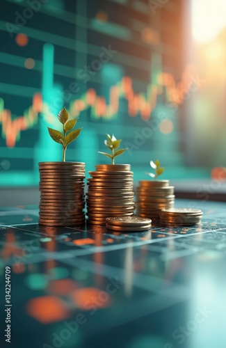 Investment fund concept. Stacked coins with small plant sprouts over chart. Financial growth, success, profit, wealth. Saving money, budget planning, increase passive income, manage investment