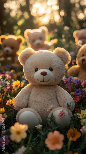 Adorable Plush Teddy Bears Resting Among Vibrant Wildflowers, Cozy and Charming