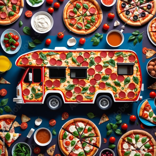 Delicious pizza fastfood meal. Food background with motor home