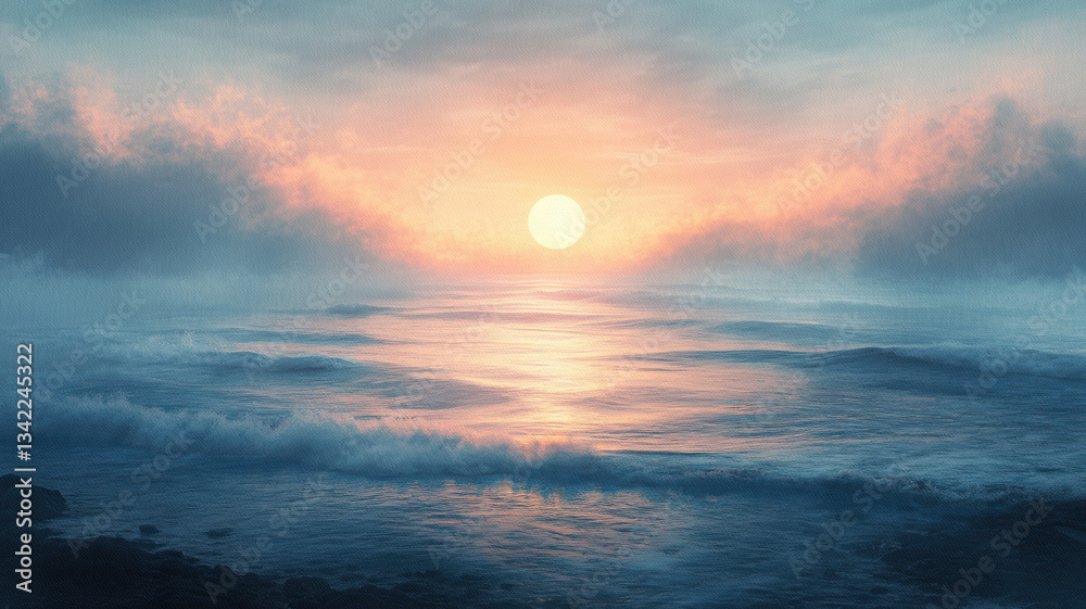 Fototapeta premium Watercolor painting of a foggy seascape at sunrise.