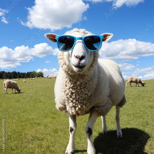 Funny sheep stands confidently wearing sunglasses on green grass meadow.