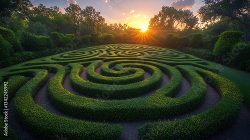Scenic hedge maze featuring symmetrical pathways lush green walls and carefully crafted junctions with the exit hidden among intricate loops and cul de sacs photo