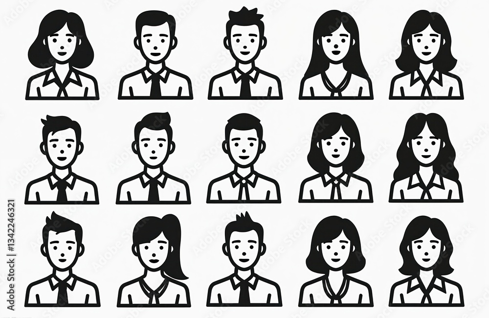 Monochrome business avatar icons of various pro roles in graphical format. Lineup of diverse employees for user profile. Simple minimal design. Design illustration of people. Human resources Monochrome business avatar icons of various pro roles in graphical format. Lineup of diverse employees for user profile. Simple minimal design. Design illustration of people. Human resources