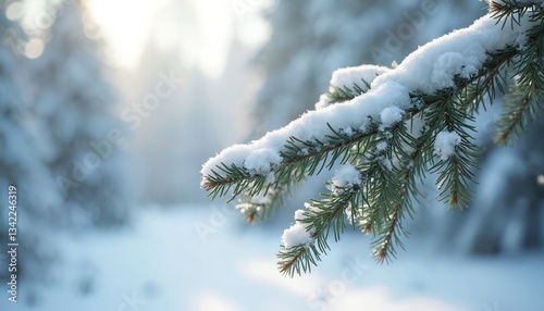 Close-up of pine tree branch covered in fresh snow. Icy needles, winter frost, serene, tranquil, beautiful nature scene. Snowy twig, branchlet. Wintery forest covered in white blanket.