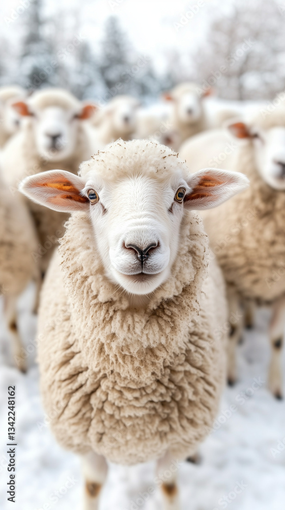 A close-up of a white sheep standing in snow, with a calm and inquisitive expression. A close-up of a white sheep standing in snow, with a calm and inquisitive expression.
