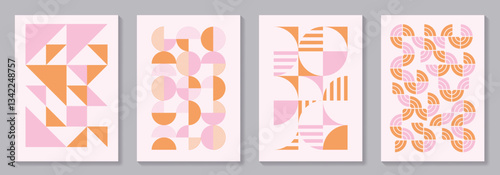Abstract poster background vector set with geometric vector trendy bauhaus pattern. Pink and orange minimalist cover template for cover design, poster, flyer, social media and interior.