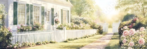 Watercolor elegant Colonial home with high windows, green shutters, and white picket fence, blooming roses along the garden path, soft morning light, HD clarity