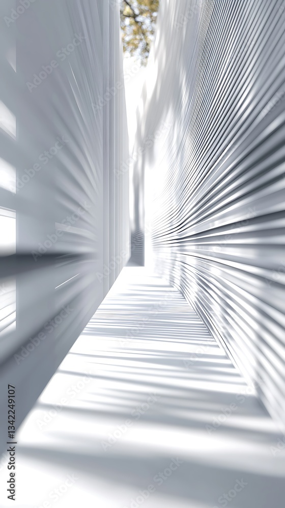 Obraz premium A serene passageway bathed in sunlight, where light and shadow dance between sleek, white walls creating a peaceful, minimalist atmosphere.