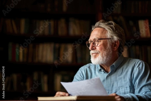 Elderly man reflecting while holding papers in cozy library sett