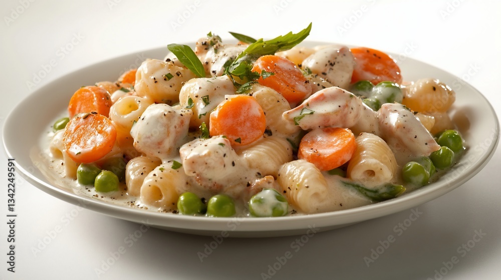 Creamy pasta dish with chicken, carrots, and peas Creamy pasta dish with chicken, carrots, and peas