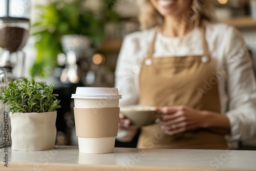 Barista preparing coffee, showcasing warm atmosphere with plants photo