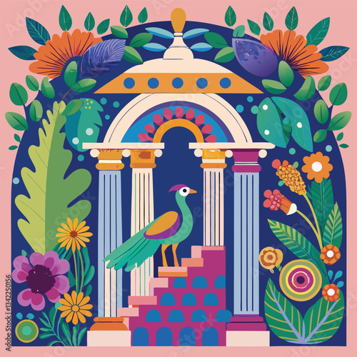 Ancient Greek Garden Adorned with Arch, Peacocks, and Parrot