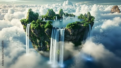 Floating island with lush greenery and waterfalls surrounded by clouds, evoking a serene fantasy landscape