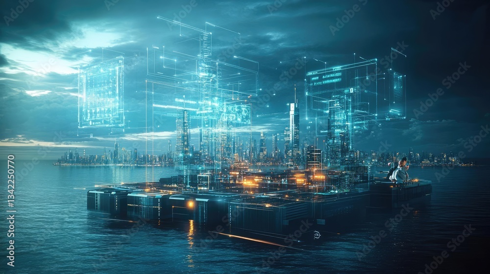 Fototapeta premium Advanced Coastal Metropolis at Night with Glowing Digital Overlayed Structures and Data Streams Through the Air. Digital Art of a Futuristic Cityscape. Cyberpunk Style. Coastal City at Night. Urban