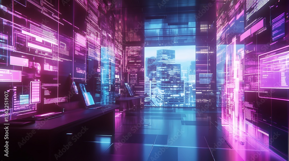 Obraz premium Future Office Workspace with City View and Data Stream Concept