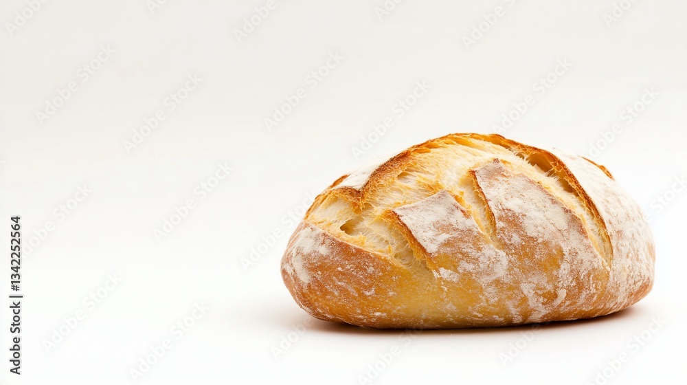 Crusty loaf of bread, golden-brown, sits on white Crusty loaf of bread, golden-brown, sits on white