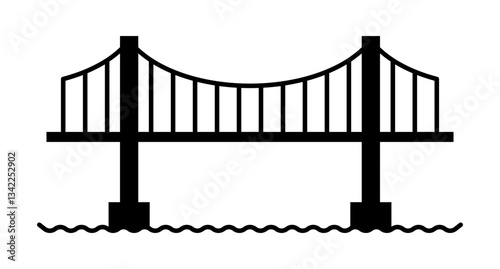 Suspension bridge and river silhouette. Vector.