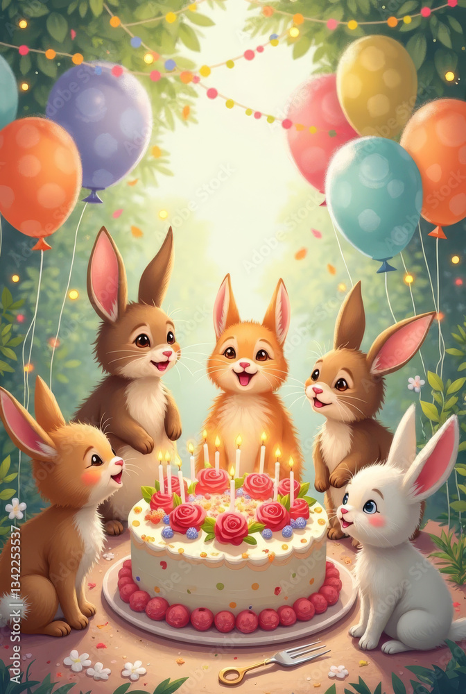 Fototapeta premium Colorful bunnies celebrating with cake and balloons in joyful setting