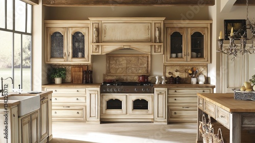 French Provincial Kitchen: Describe a kitchen with distressed wood cabinets, elegant molding, farmhouse sinks, and vintage accessories that capture the essence of the French countryside.