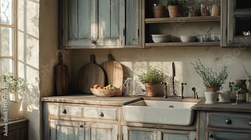 French Provincial Kitchen: Describe a kitchen with distressed wood cabinets, elegant molding, farmhouse sinks, and vintage accessories that capture the essence of the French countryside.