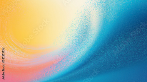 bright grainy abstract banner background, vibrant noise texture pink yellow blue glowing gradient vortex shape white backdrop design, power point background