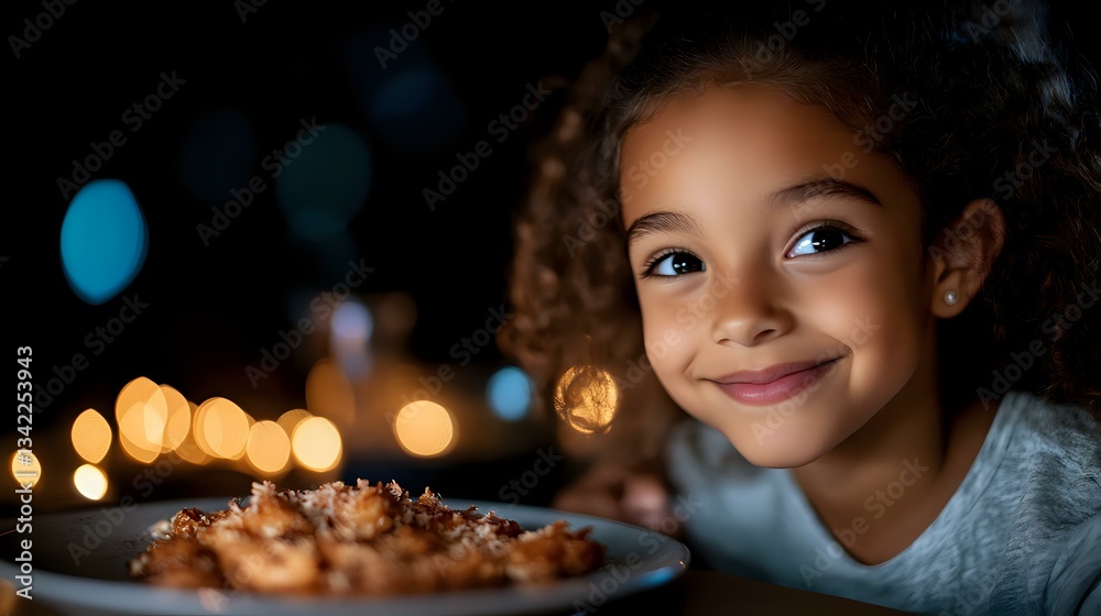 Naklejka premium Young African American girl with curly hair smiling at birthday cake with glowing candles, warm bokeh lights creating magical evening atmosphere, childhood celebration moment.