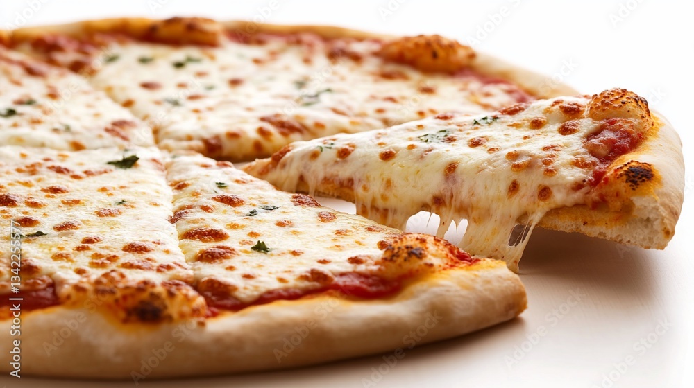 Delicious cheese pizza, a slice pulled out, showing melted cheese Delicious cheese pizza, a slice pulled out, showing melted cheese