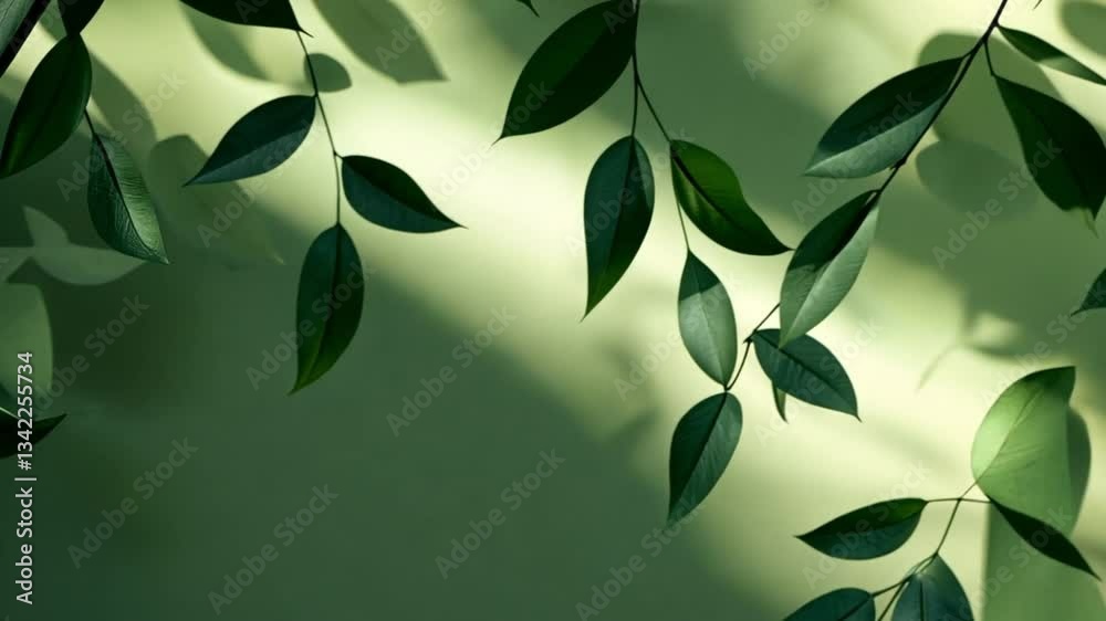 Lush green leaves casting soft shadows on a serene background Lush green leaves casting soft shadows on a serene background