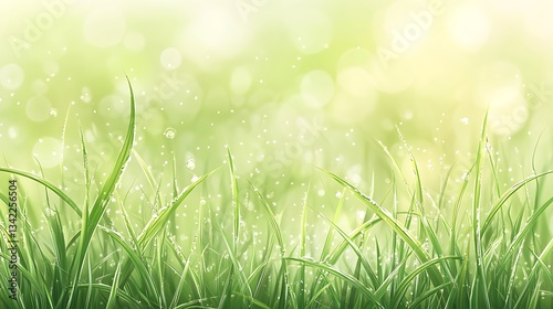 A serene close-up of dew-covered grass with a soft, blurred background.