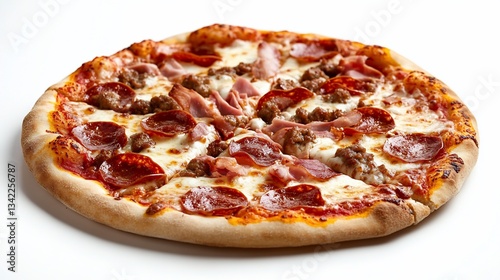 Delicious meat lovers pizza, cheesy, with pepperoni, ham, sausage