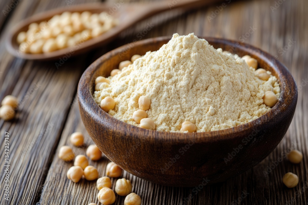Natural Chickpea Flour in Rustic Bowl on Wooden Surface: Fresh Legume Ingredient for Healthy Cooking Natural Chickpea Flour in Rustic Bowl on Wooden Surface: Fresh Legume Ingredient for Healthy Cooking