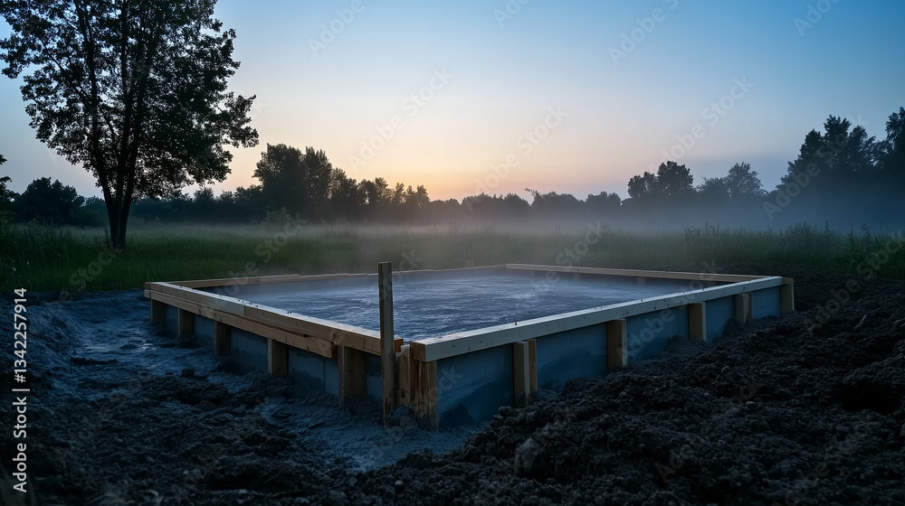 Naklejka premium Morning mist rises over a newly poured concrete foundation, with wooden supports keeping the structure in place during the curing process.