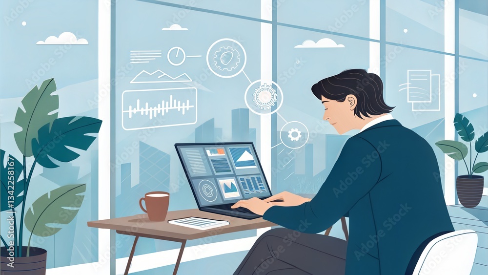 Business professional using AI tools on a laptop to generate digital content and applications. (ai) Business professional using AI tools on a laptop to generate digital content and applications. (ai)