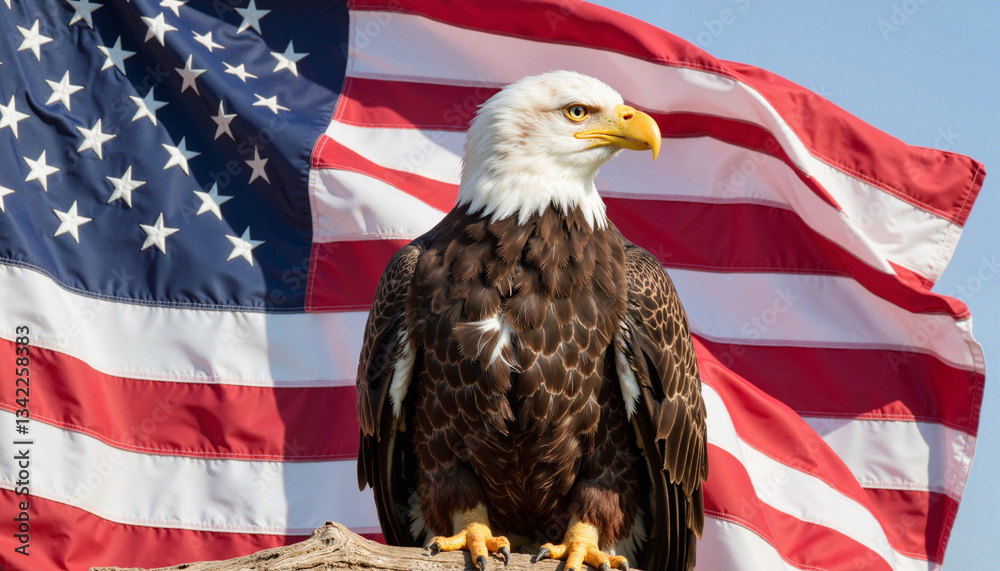 Naklejka premium Bald eagle perched against American flag