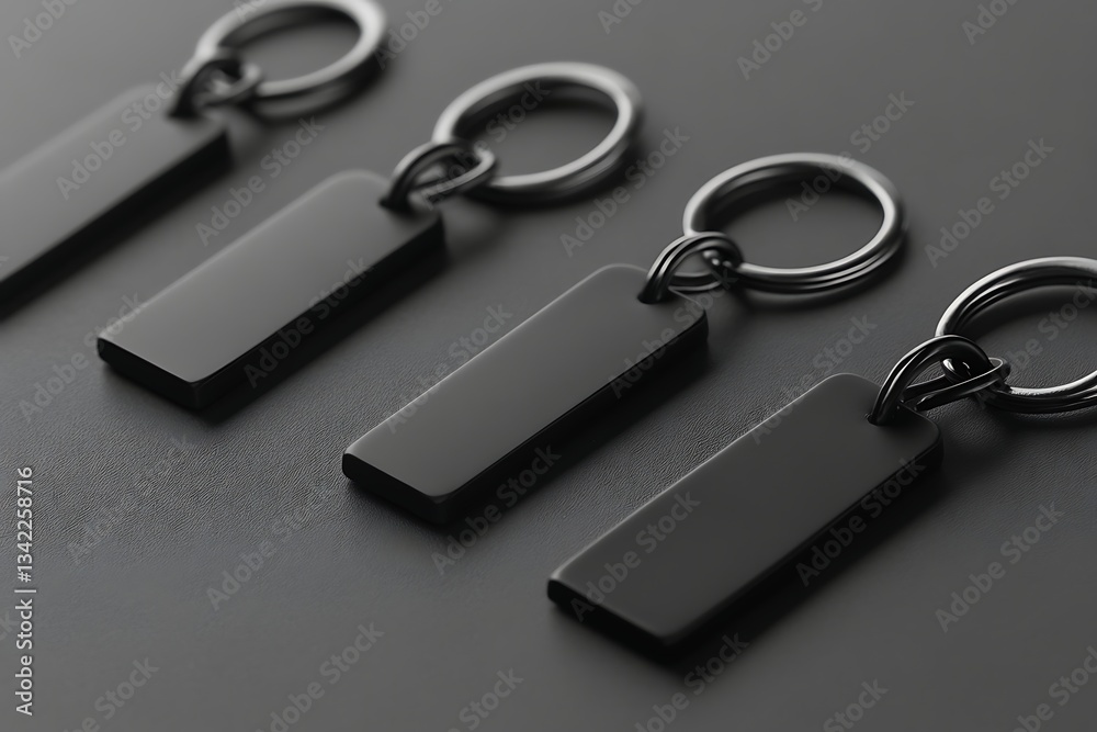 Three blank black keychains mockup on dark background Three blank black keychains mockup on dark background