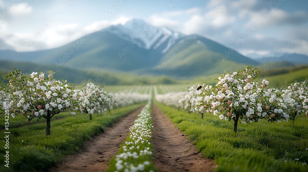 Fototapeta premium A picturesque apple orchard path leads to snow-capped mountains