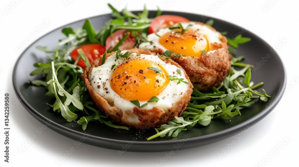 Eggs baked in crispy nests, served atop fresh greens and tomato Eggs baked in crispy nests, served atop fresh greens and tomato